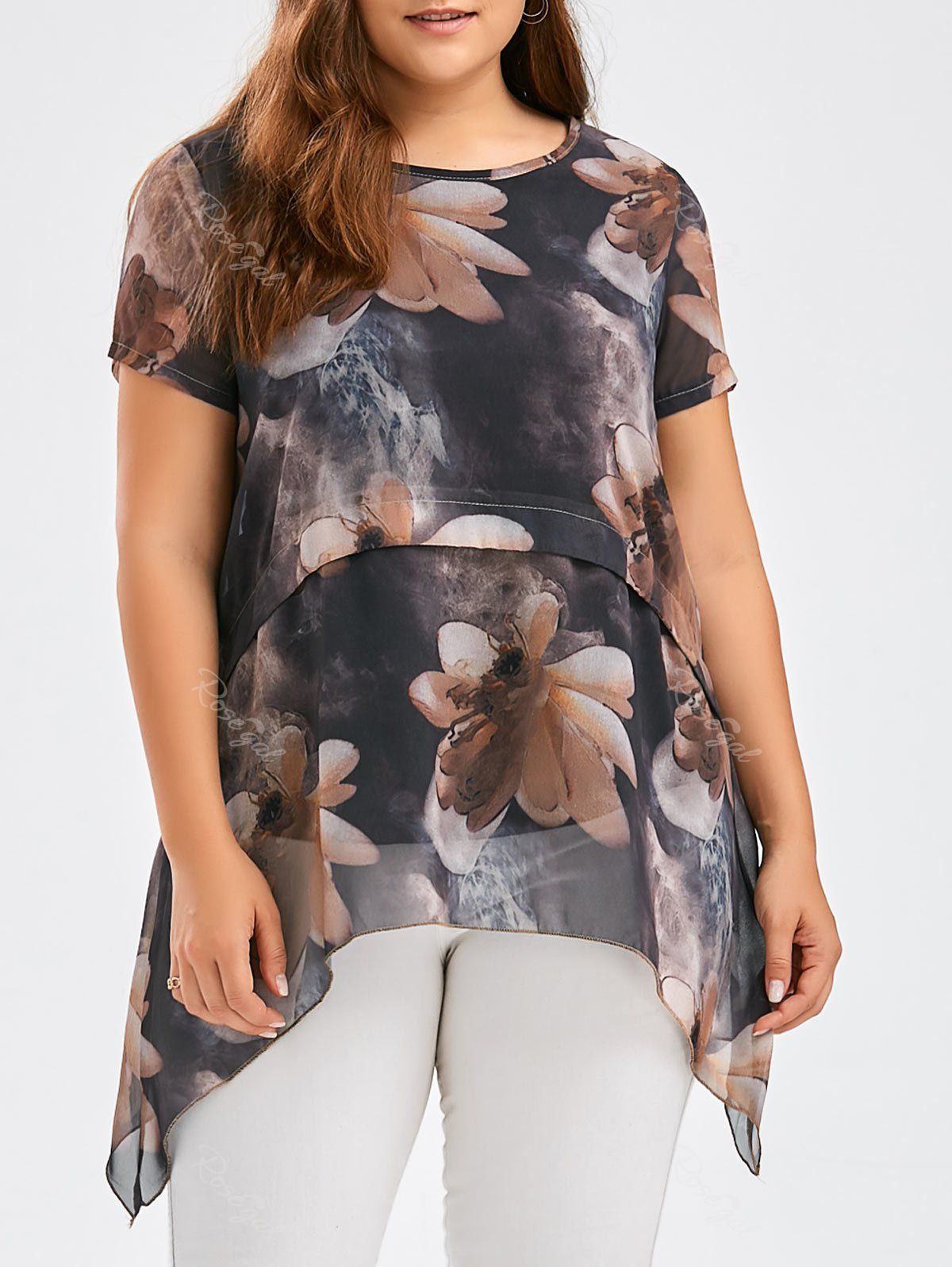 

Flower Ink Painting Chiffon Plus Size Asymmetric Tunic Top, Black
