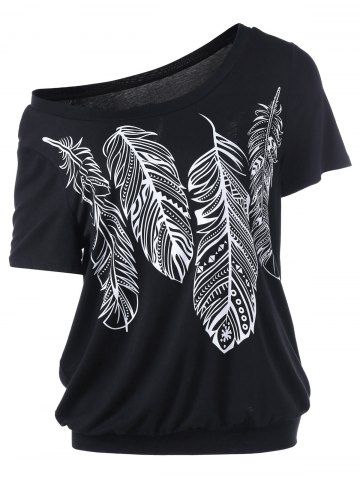 2019 plus size feather print skew neck t shirt 2019 plus size feather print skew neck t shirt