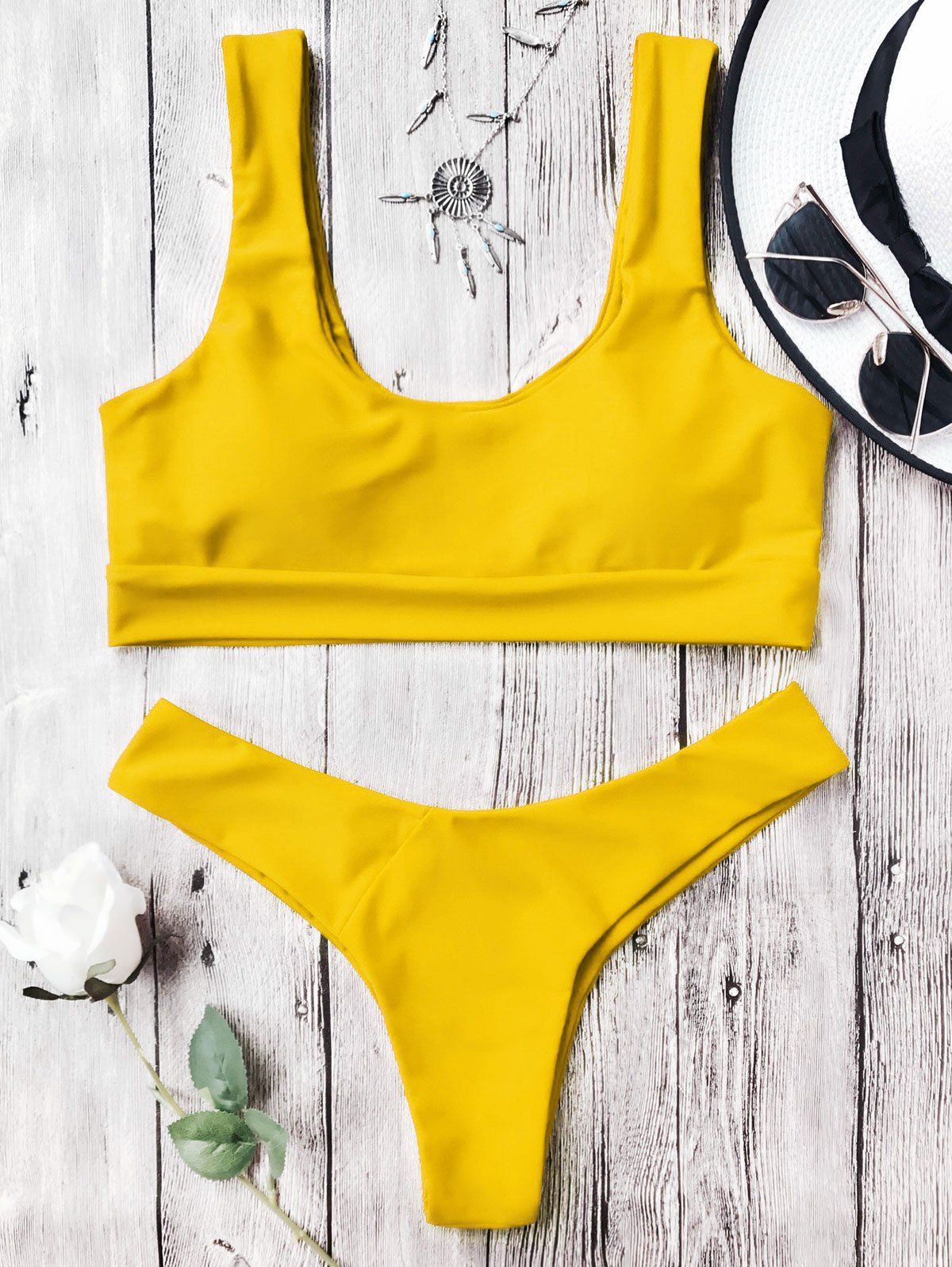 

U Neck Padded Bralette Thong Bikini Set, Yellow