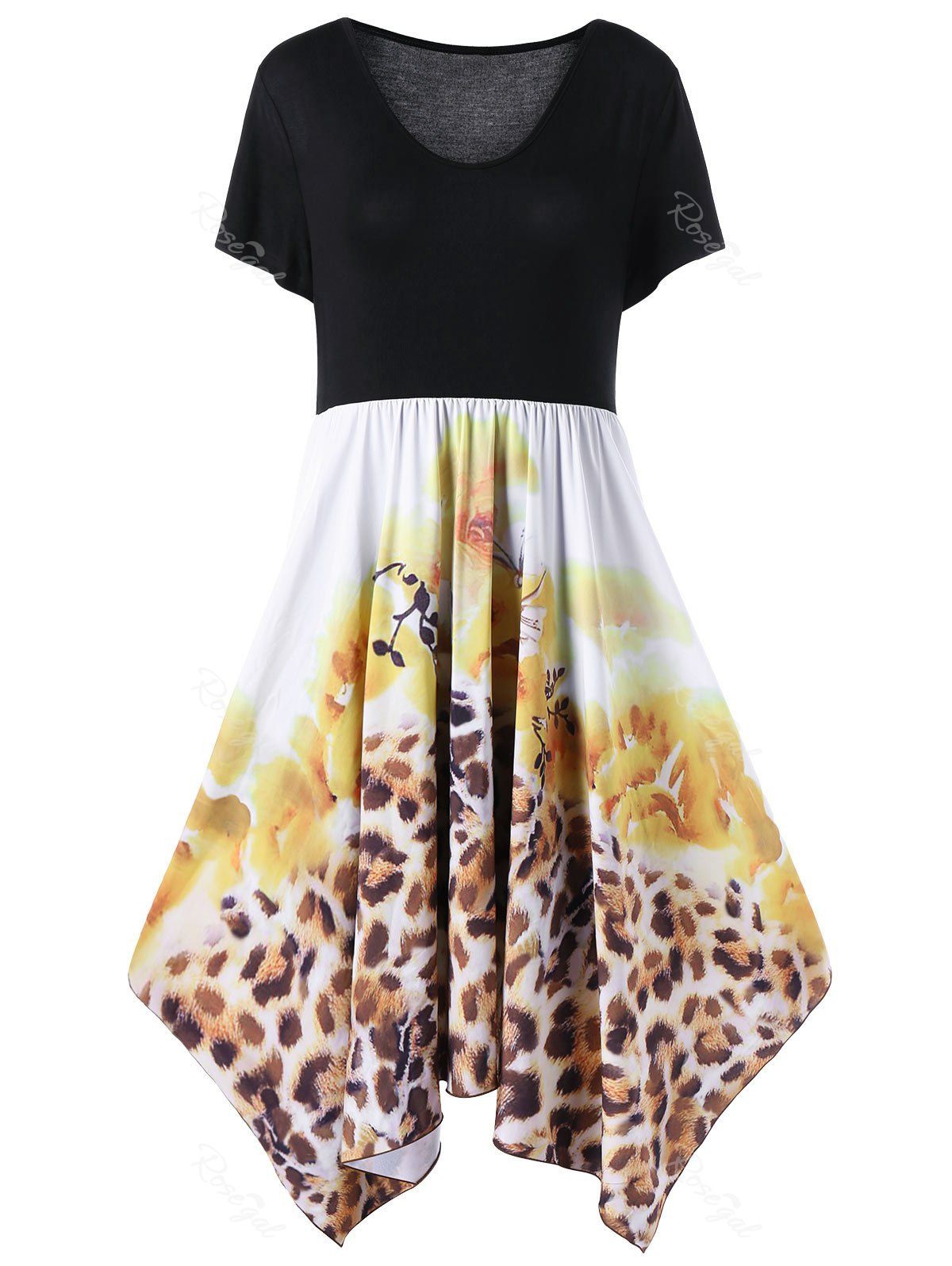 

Plus Size Handkerchief Floral and Leopard Dress, Colormix