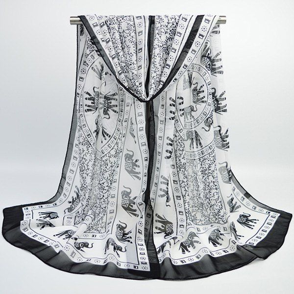 Totem Elephant Printing Bohemian Chiffon Scarf, White