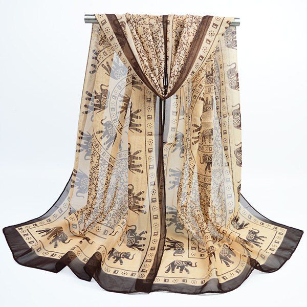 Totem Elephant Printing Bohemian Chiffon Scarf, Coffee and black
