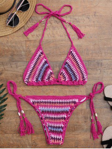 [36% OFF] String Halter Crochet Tassel Bikini Set | Rosegal