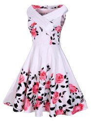 Floral Rose Print Sleeveless A Line 50s Dress -  