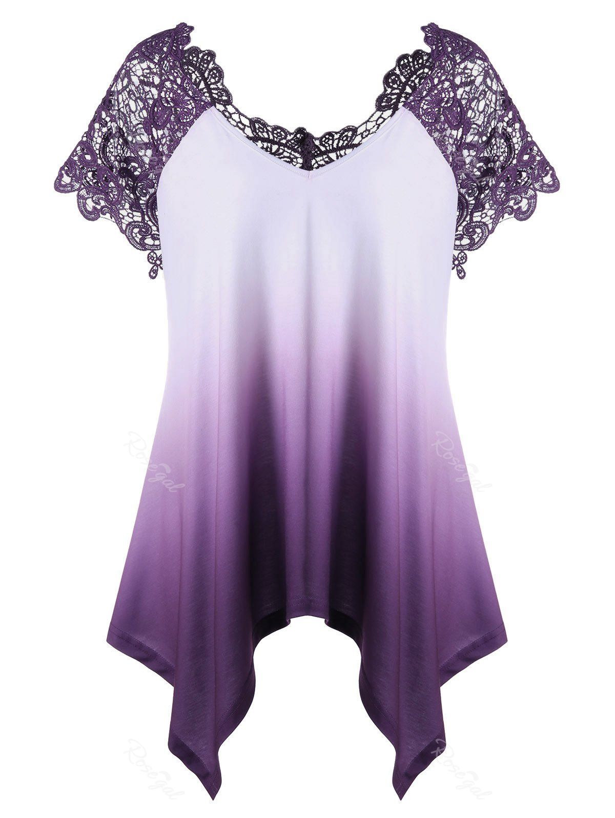 [40 OFF] Plus Size Lace Panel Ombre Asymmetric TShirt Rosegal