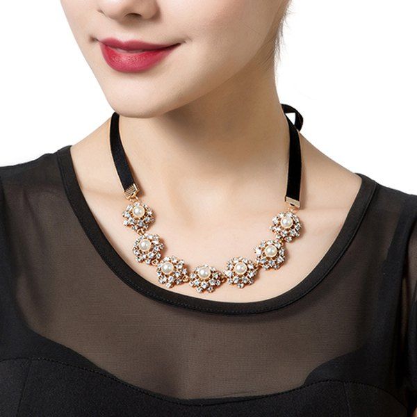 [41 OFF] Faux Pearl Rhinestone Flower Ribbon Necklace Rosegal