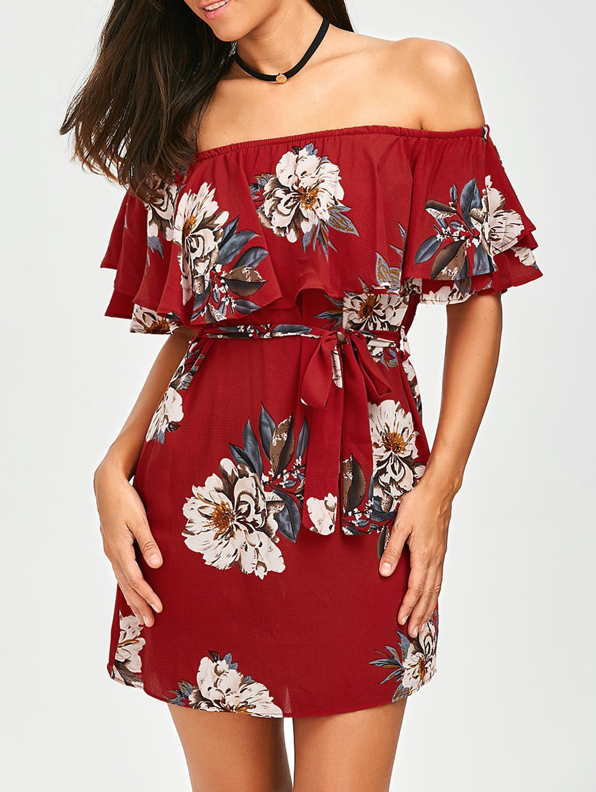 Red M Belted Off The Shoulder Flounce Summer Dress | RoseGal.com