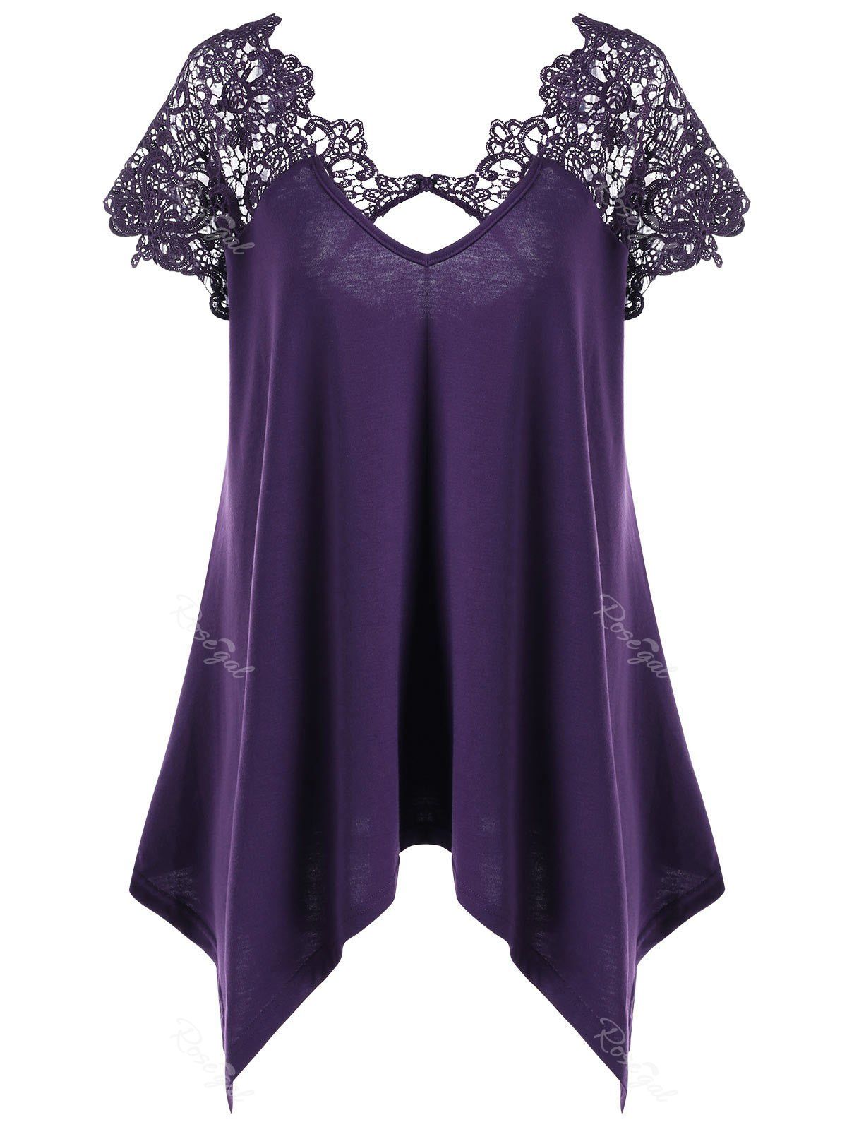 

Plus Size Asymmetric Lace Panel T-Shirt, Deep purple