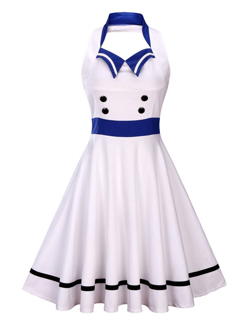 

Backless Sleeveless Sailor Collar Midi Pin Up Dress, White