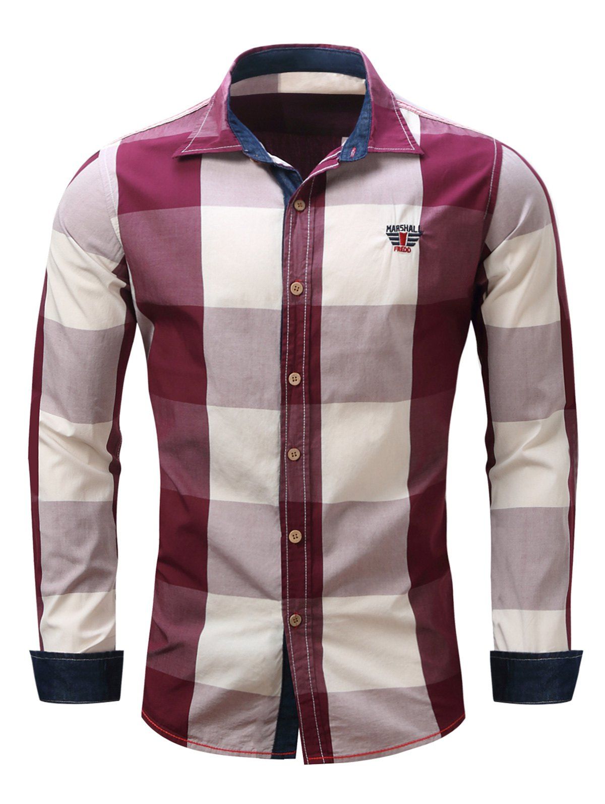 

Turn-Down Collar Plaid Pattern Long Sleeve Shirt For Men, Red