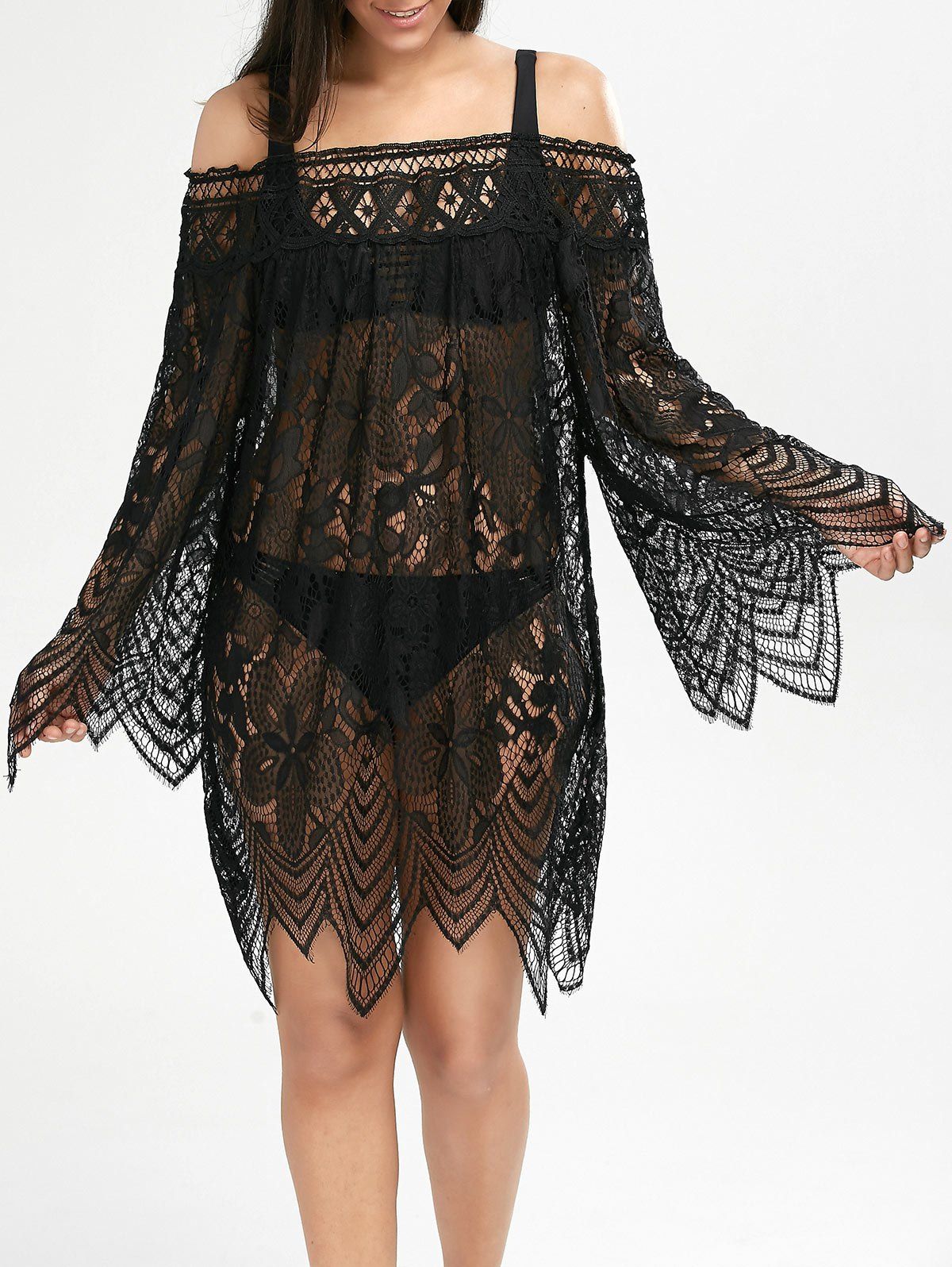 2019 pompon see through crochet tunic beach cover up