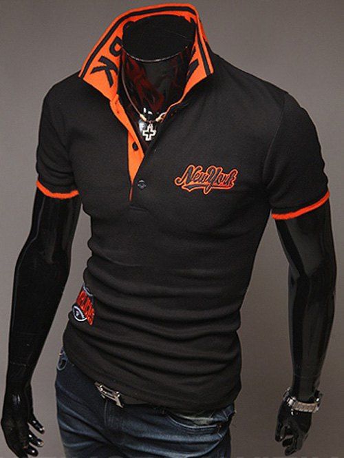 

Fashion Style Polo Collar Embroidery Letters Embellished Short Sleeves Polyester Polo Shirt For Men, Black