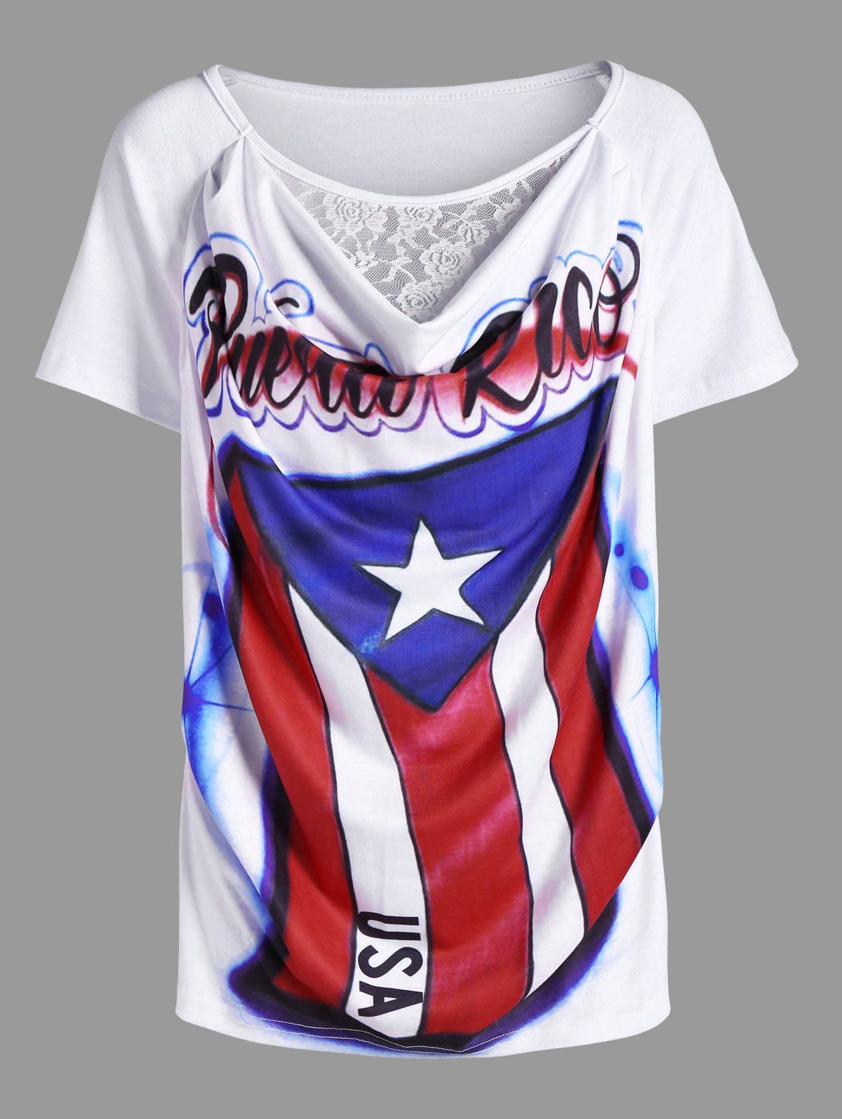 White Xl Lace Panel Distressed American Flag Airbrush T Shirt