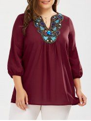 Plus Size Embroidered Rhinestone Tunic Blouse