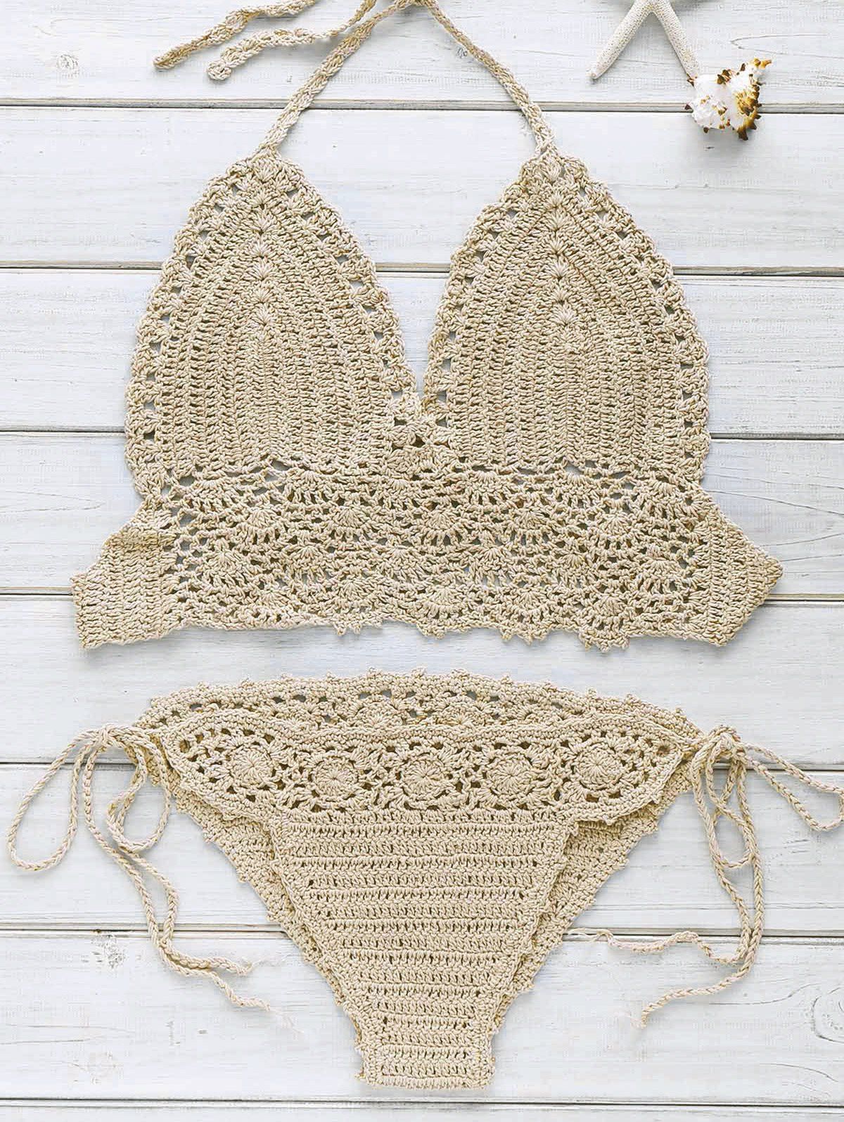 [43% OFF] Halter Strappy Handwork Crochet Bathing Suit | Rosegal