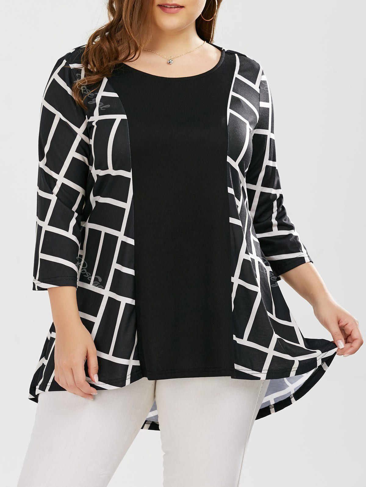 

Plus Size Geometric Smock Blouse, White and black