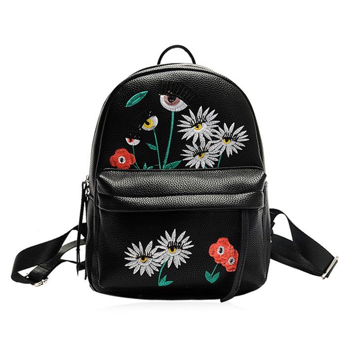 [26 OFF] Faux Leather Floral Embroidered Backpack Rosegal