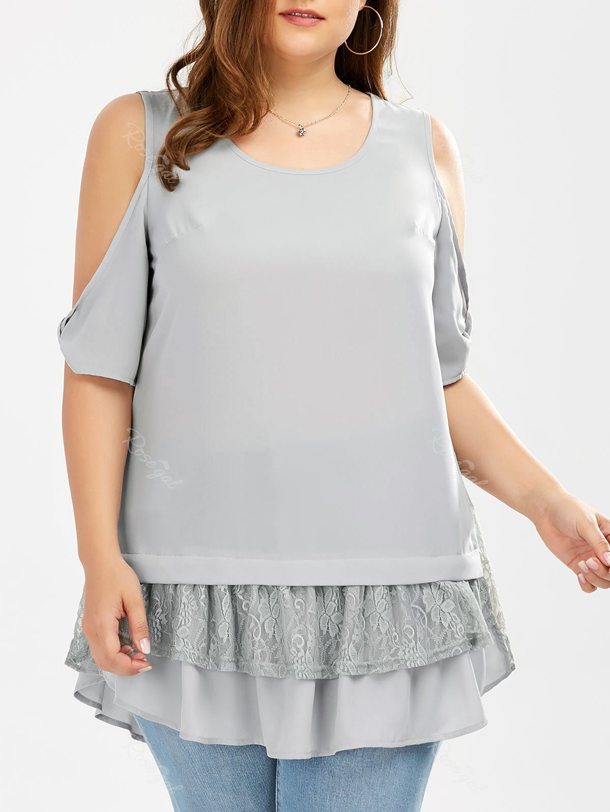 2019 plus size lace trim cold shoulder blouse