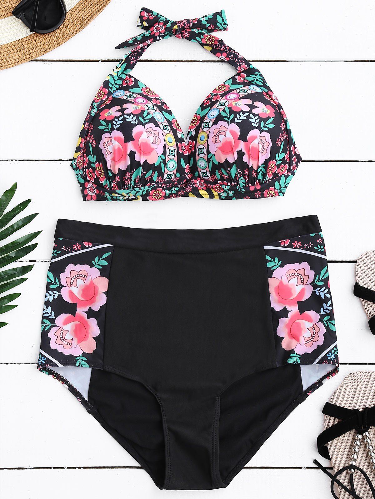 [40 Off] Halterneck Floral High Waisted Bikini Set Rosegal