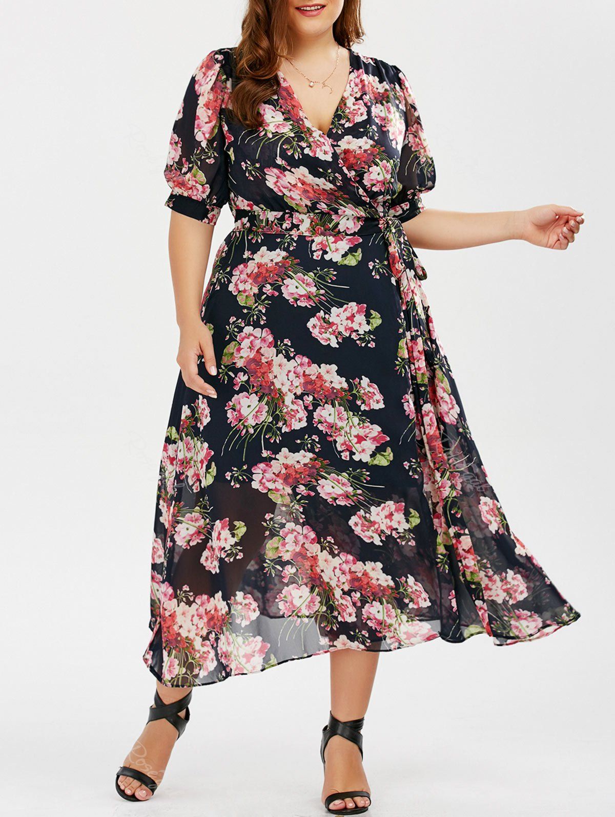 [29% OFF] Plus Size Maxi Floral Wrap Summer Dress | Rosegal