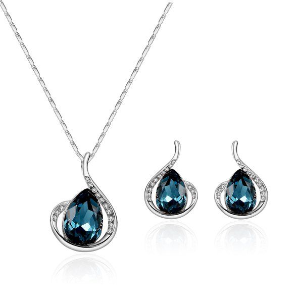 

Rhinestone Faux Sapphire Teardrop Pendant Jewelry Set, Silver