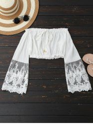 Blouse Courte à Manches en Tulle Brodées et Épaules Dénudées - Blanc S