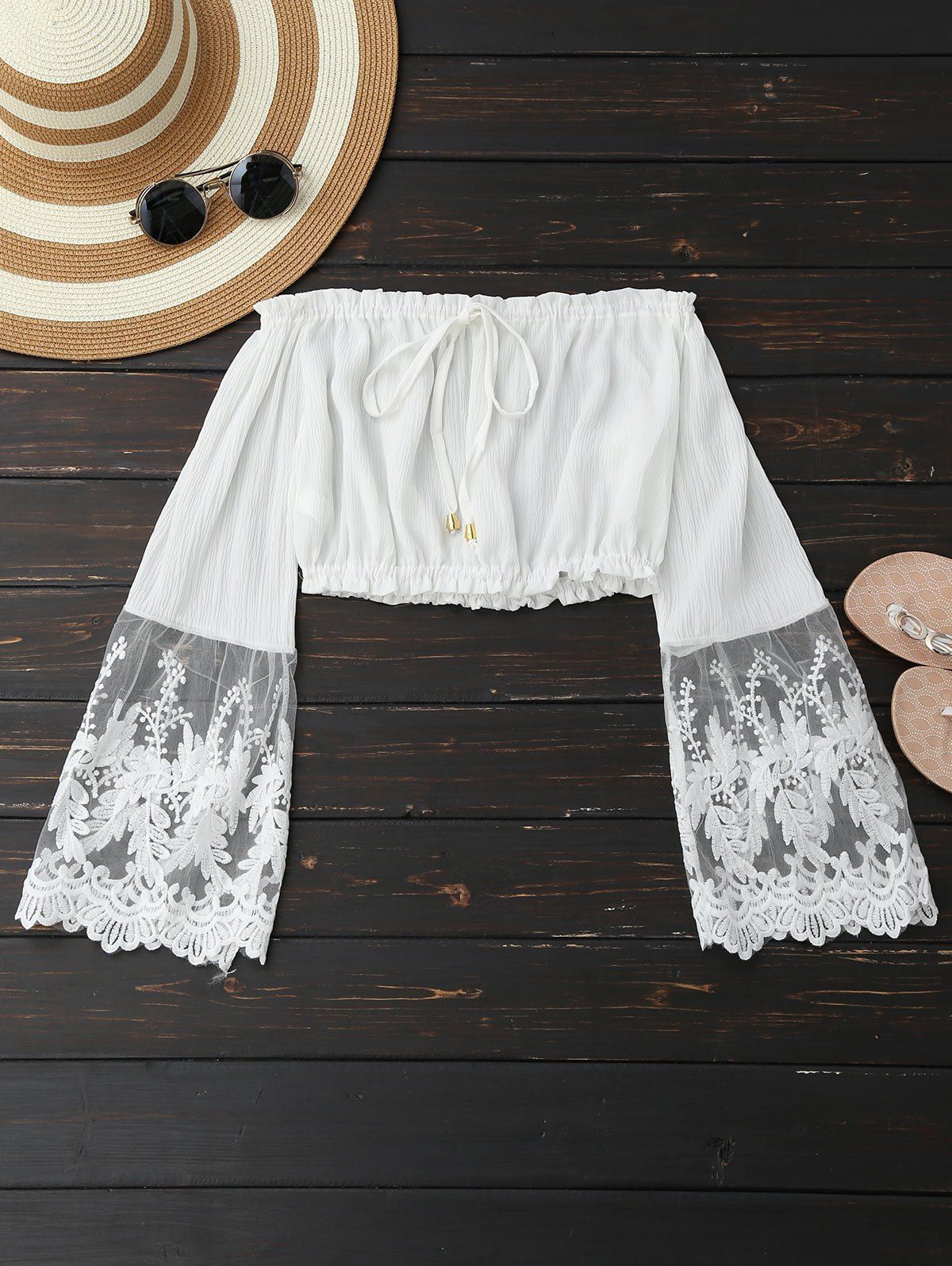

Embroidered Mesh Panel Cropped Blouse, White