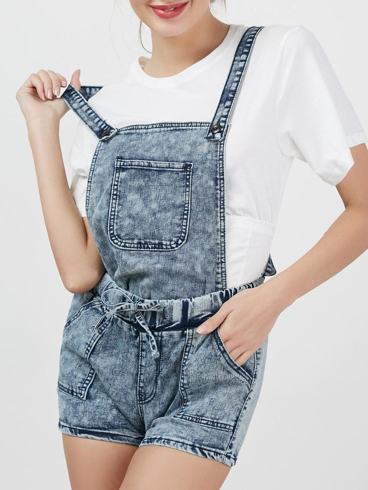 

Bleach Wash Suspender Denim Romper, Blue