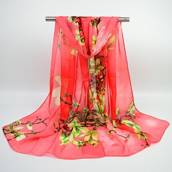 

Flowering Branch Printed Chiffon Lightsome Shawl Scarf, Red