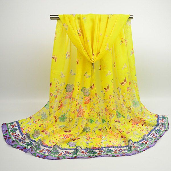 

Lightsome Butterfly Anthemy Blossom Printing Vintage Chiffon Scarf, Yellow