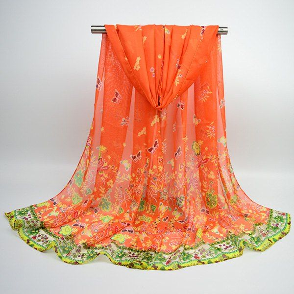 

Lightsome Butterfly Anthemy Blossom Printing Vintage Chiffon Scarf, Orange yellow