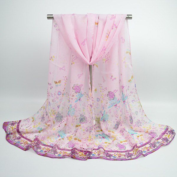 

Lightsome Butterfly Anthemy Blossom Printing Vintage Chiffon Scarf, Pink