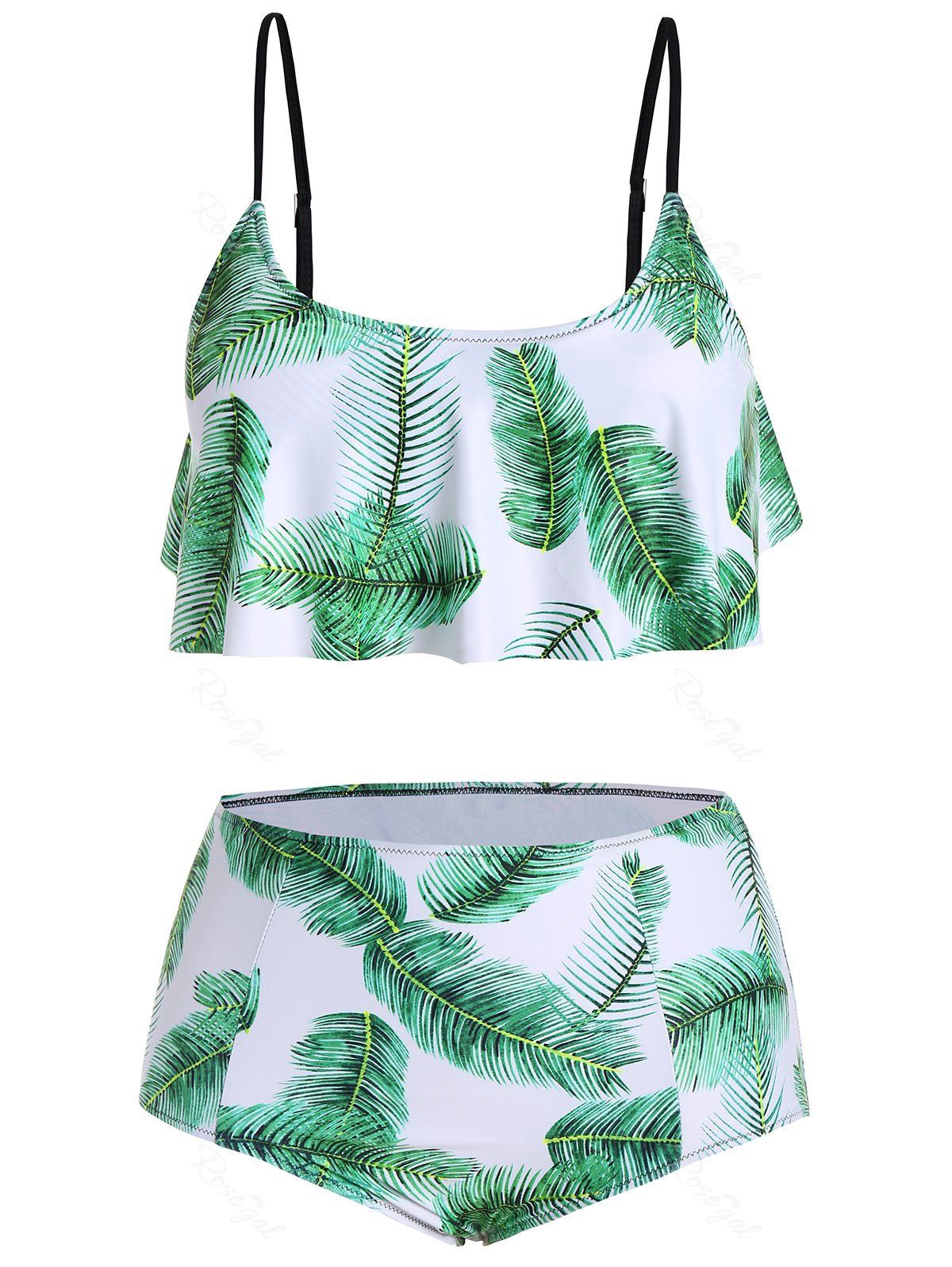 Green 2xl Plus Size Ruffle Tropical Palm Leaf Print Bikini | RoseGal.com