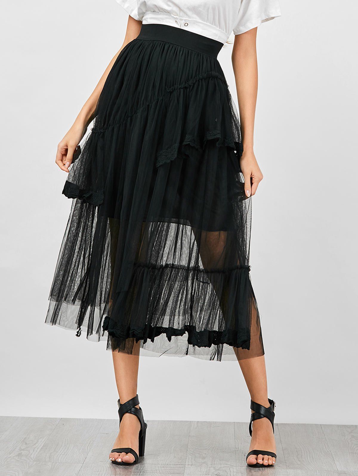 Black One Size High Waisted Layer Mesh Lace Insert Skirt | RoseGal.com