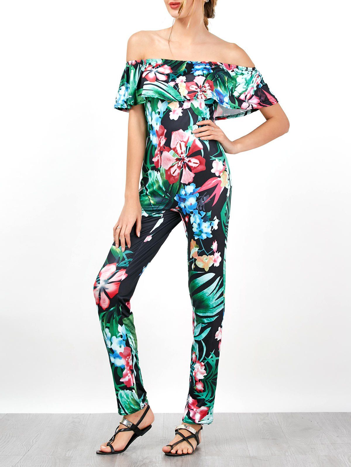 off shoulder floral print flounce sleeve jumpsuit