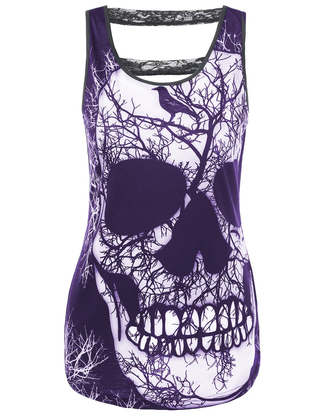 

Lace Panel Cut Out Skull Tank Top, Purple