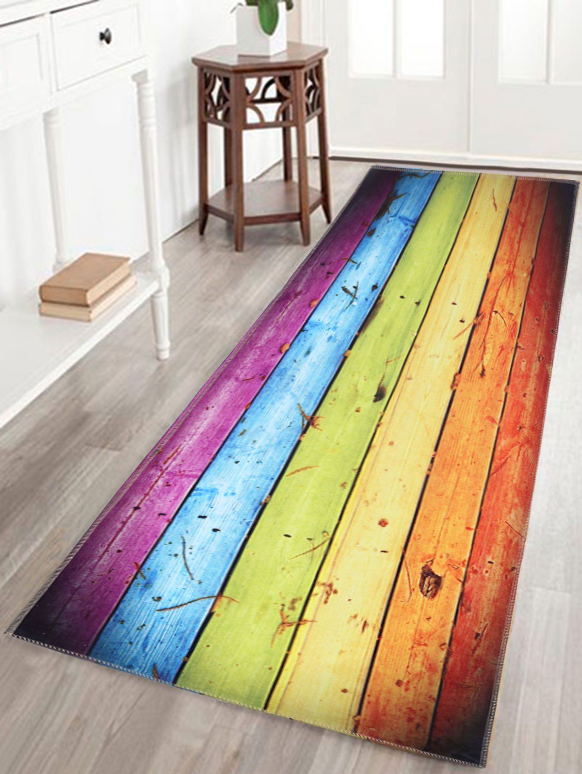 

Rainbow Wood Grain Print Skid Resistant Bathroom Rug, Colorful