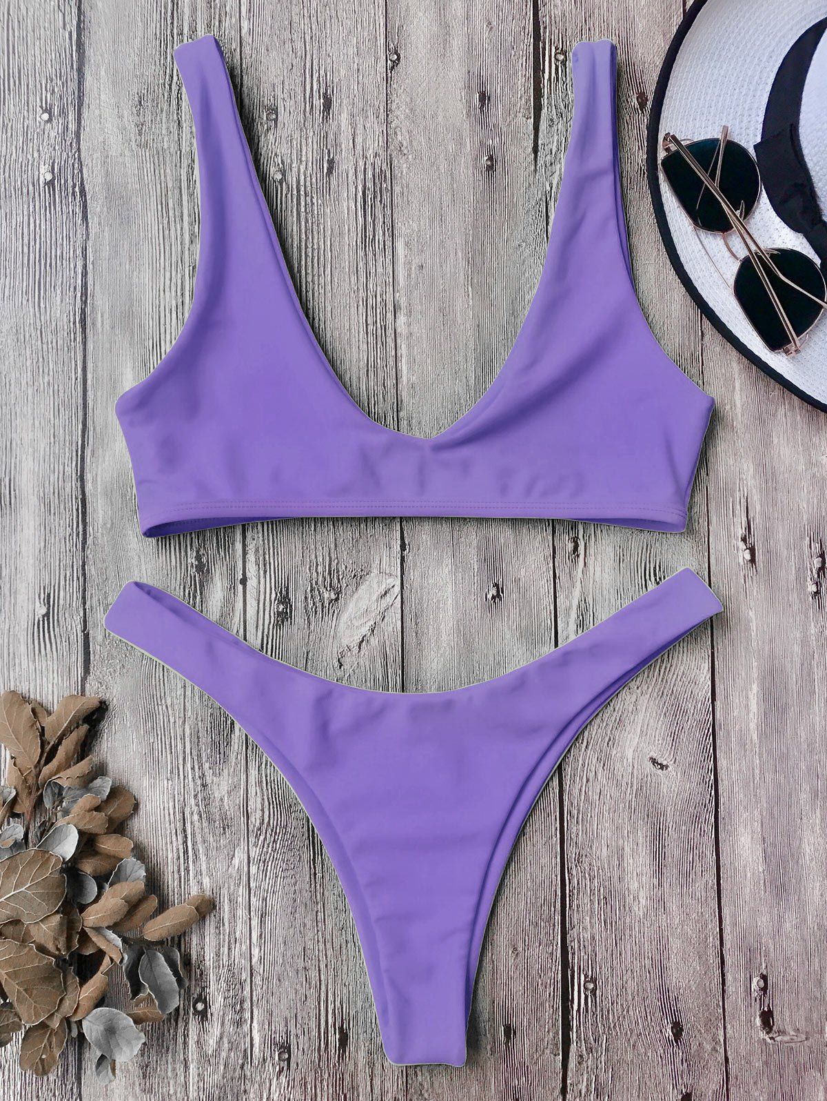 

High Cut Scoop Neck Bikini Set, Purple