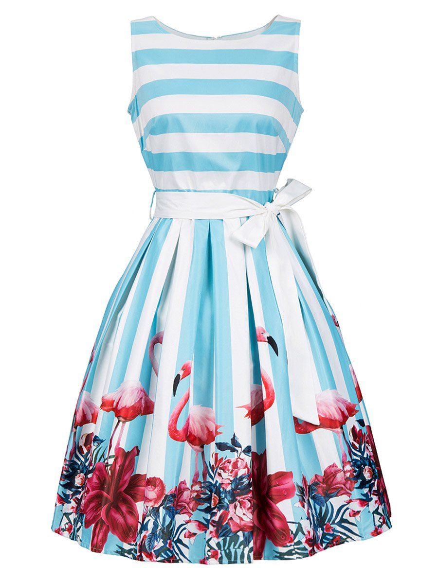 [43% OFF] Floral And Striped Tie Belt Sleeveless Dress | Rosegal