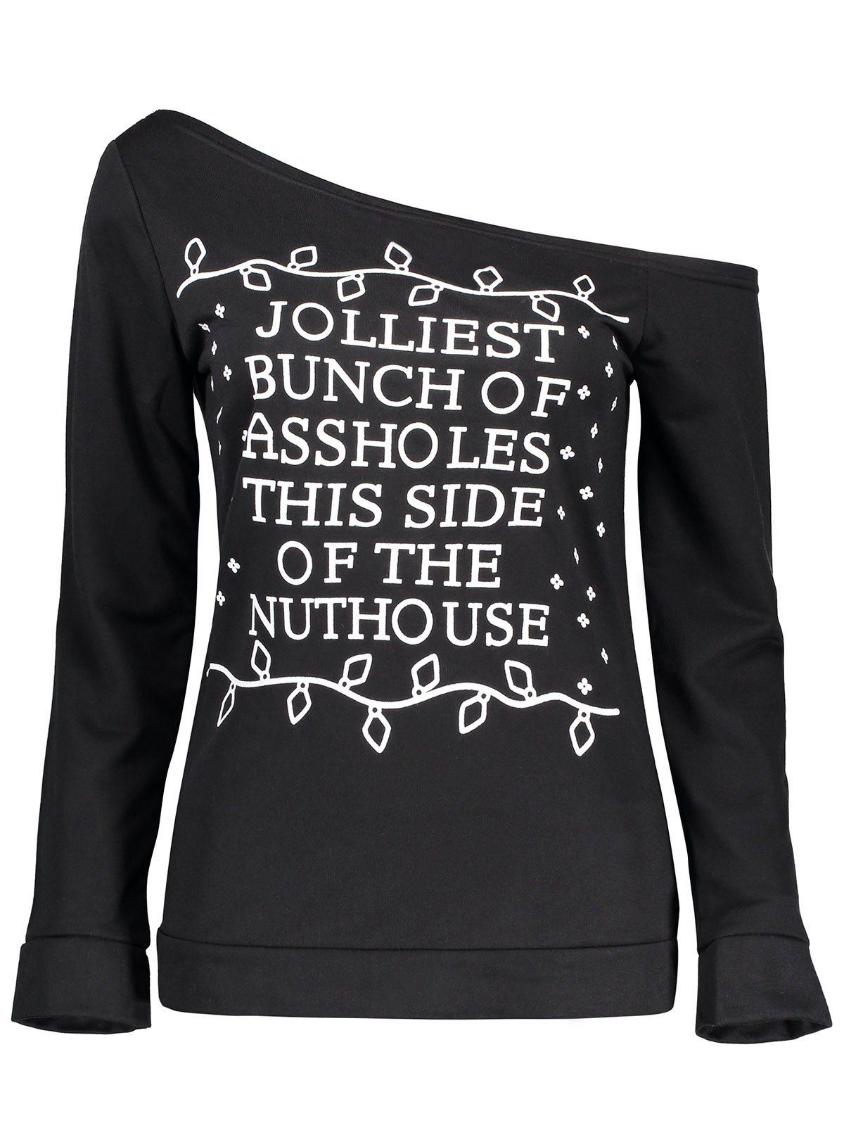 

Christmas Letter Print Skew Neck Sweatshirt, Black