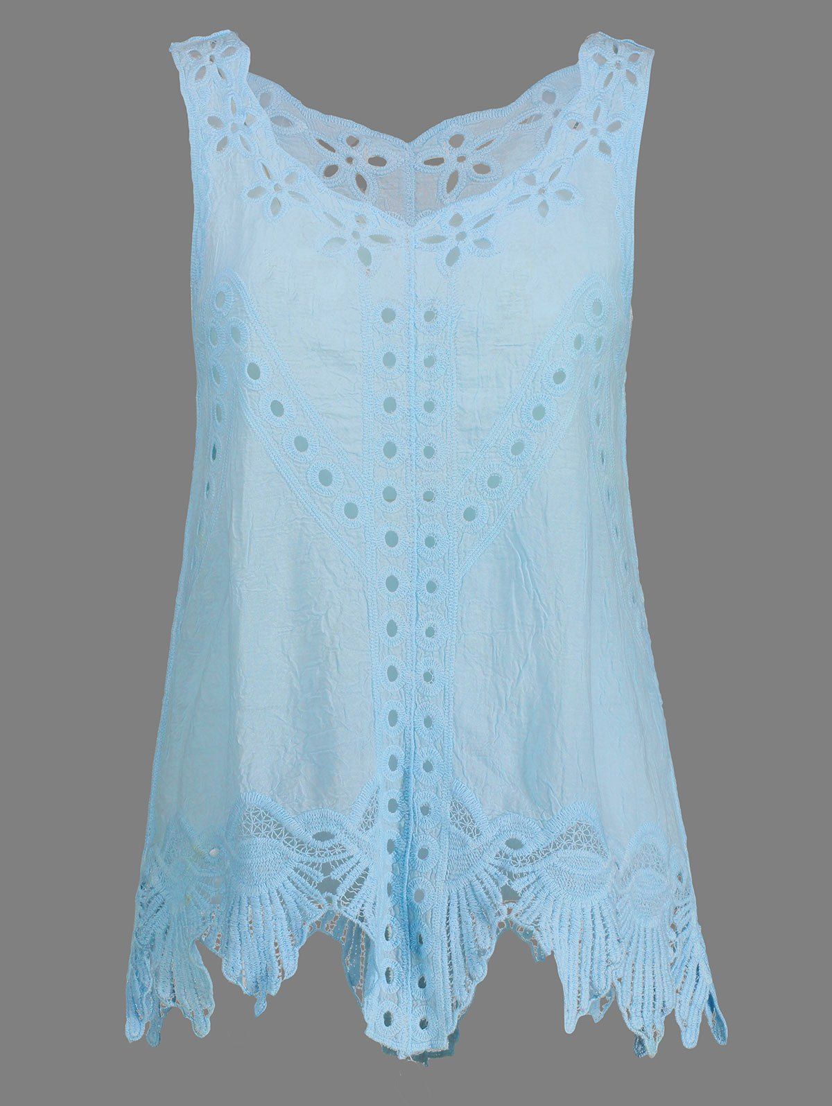 

Bohemian Scoop Neck Crochet Sleeveless Solid Color Blouse For Women, Light blue