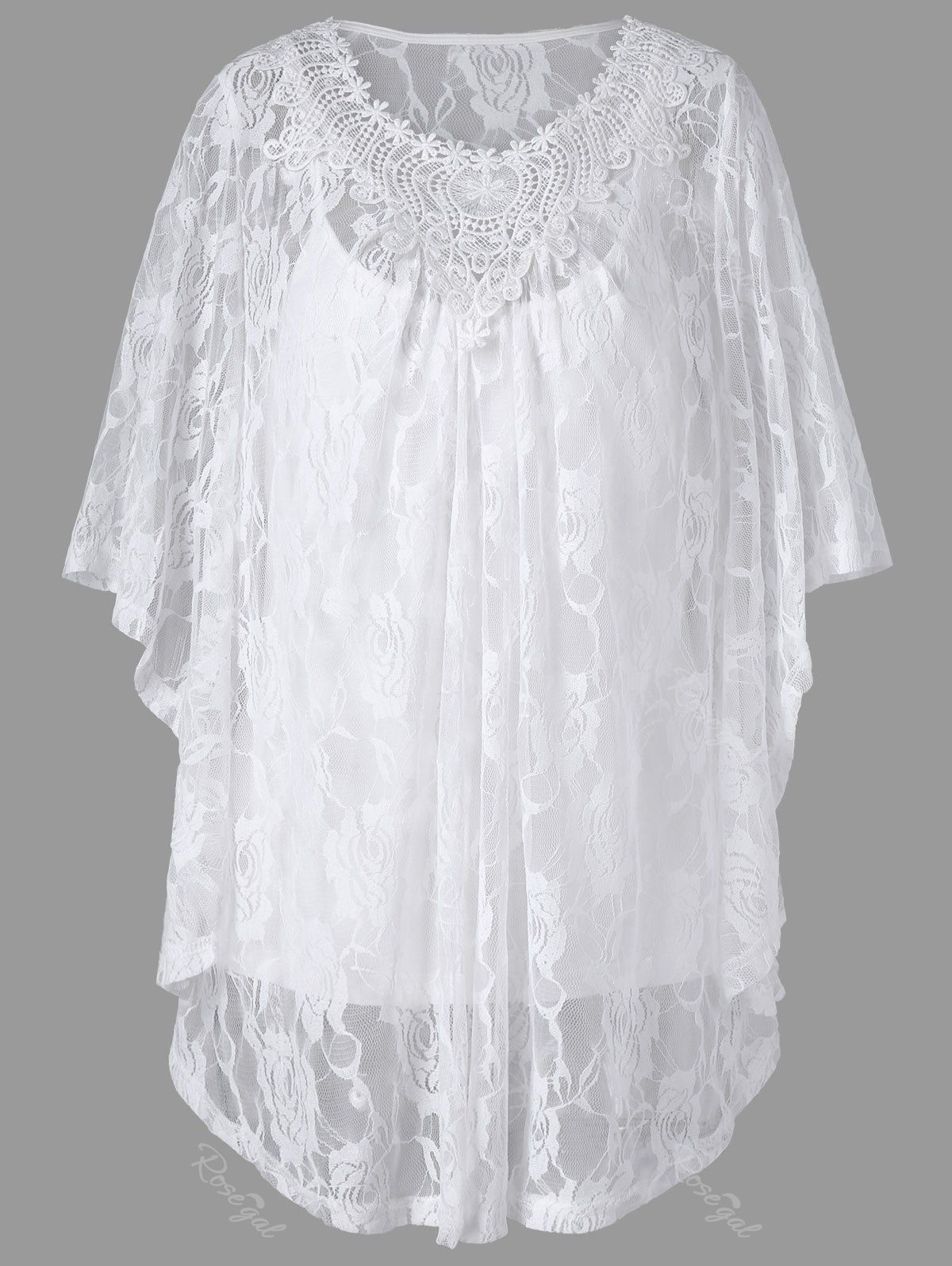 2018 Plus Size Butterfly Sleeve Lace Blouse And Camisole In White 5xl 7745