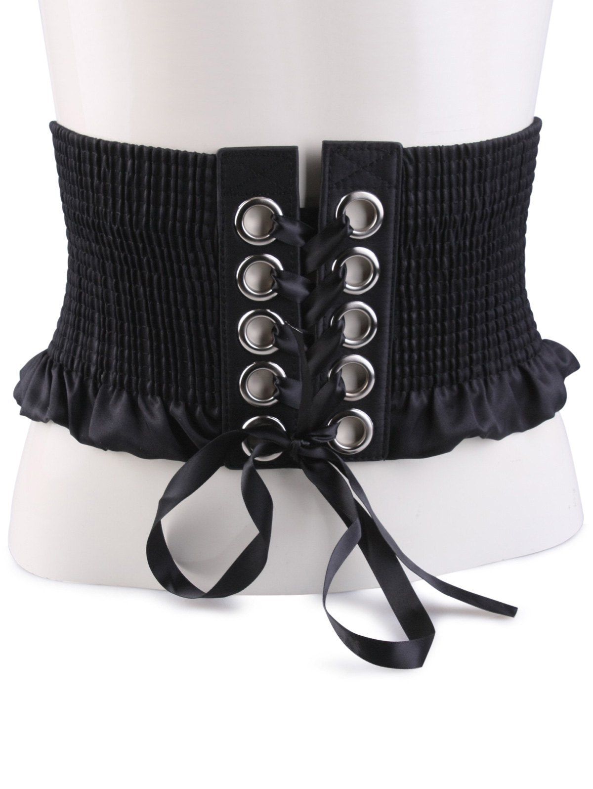 

Lace Up Pleated Metallic Rings Corset Belt, Black