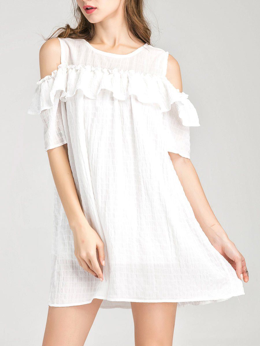 

Cold Shoulder Ruffles Summer Shift Tunic Casual Dress, White