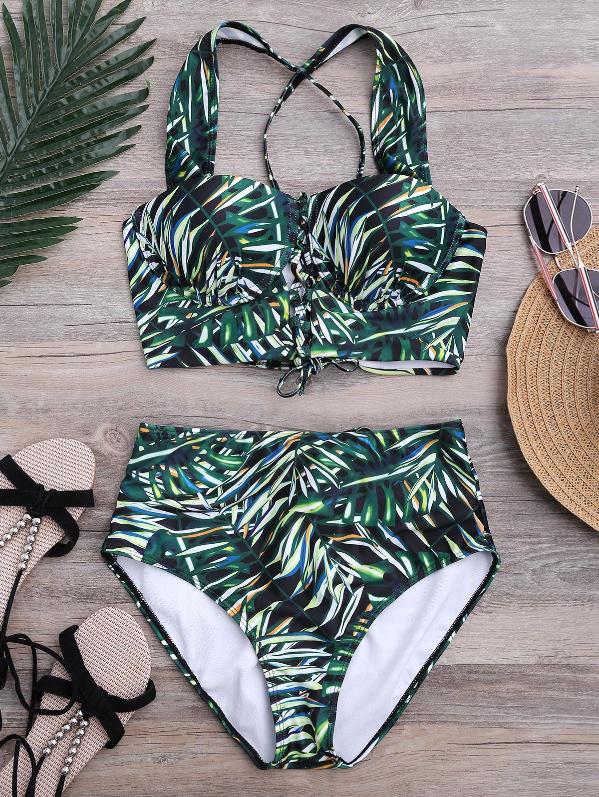 [88% OFF] Lace Up High Waist Tropical Print Bikini Bathing Suit | Rosegal
