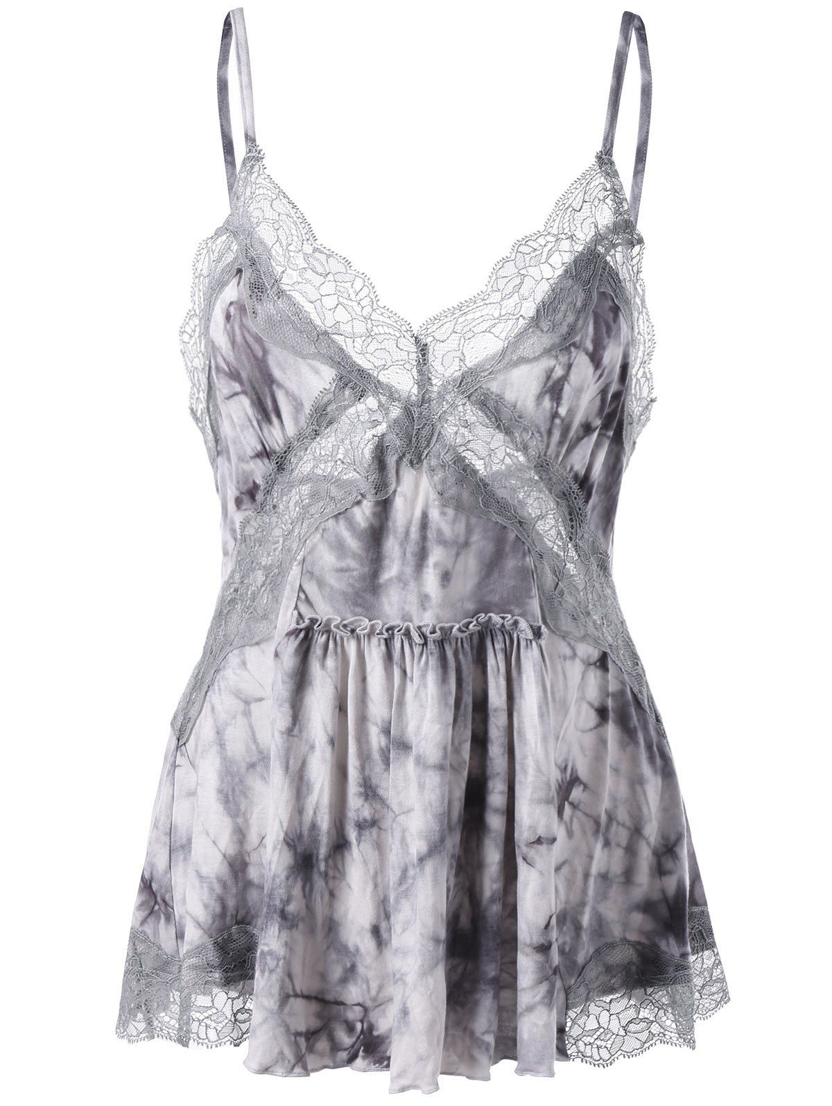 

Lace Panel Ruffle Tie Dye Tank Top, Gray