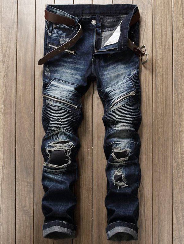 

Zipper Fly Patch Design Frayed Ripped Jeans, Deep blue