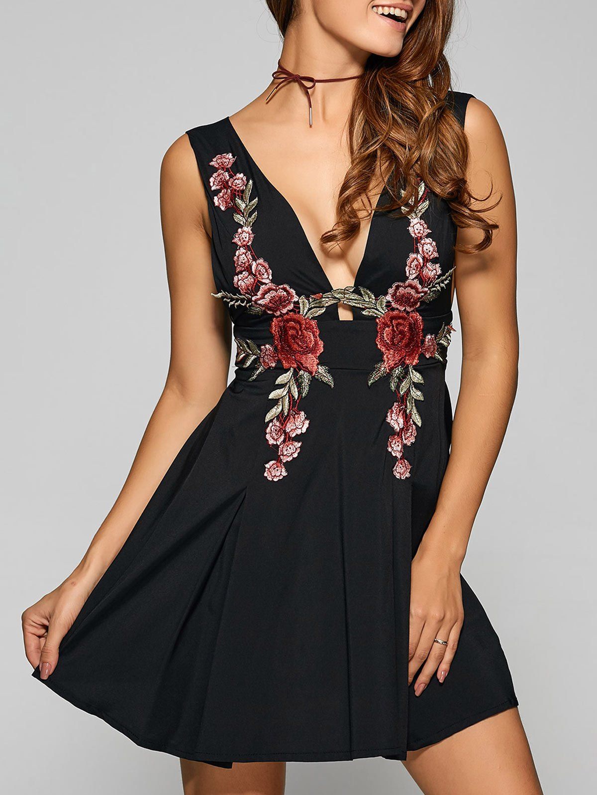 [40 OFF] Backless Embroidered Low Cut A Line Party Dress Rosegal