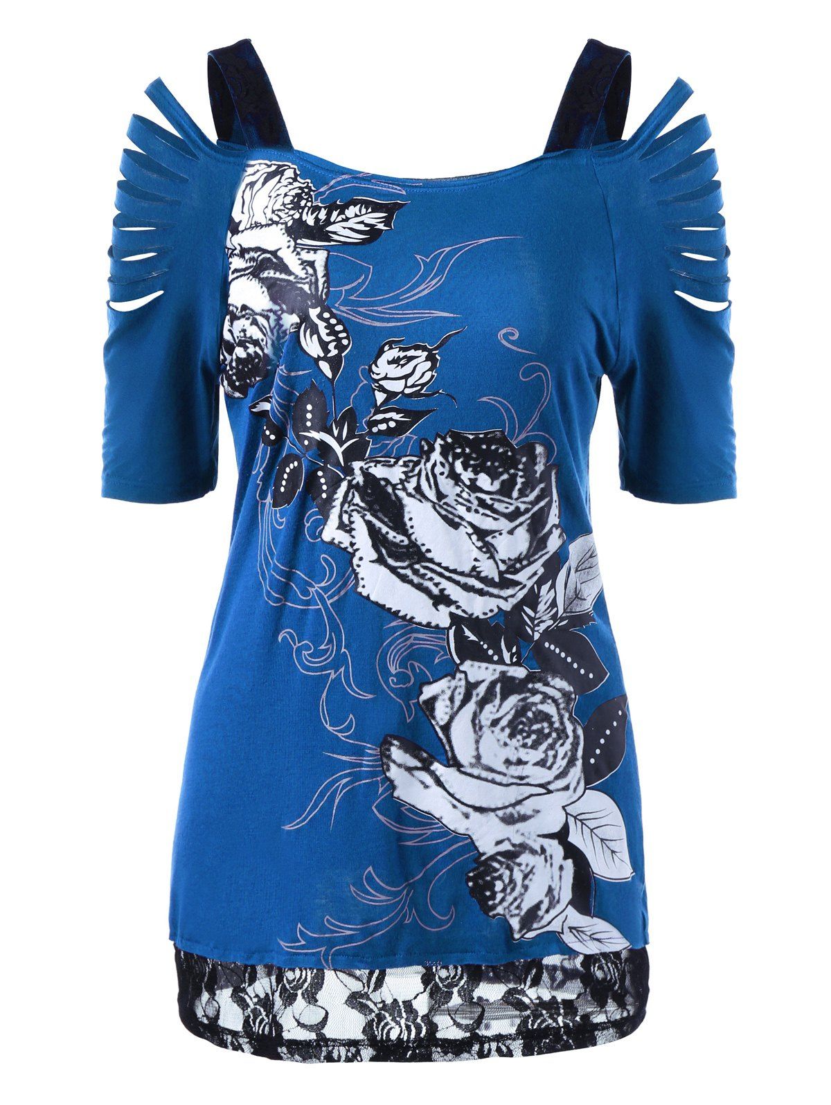 

Lace Trim Ripped Floral T-Shirt, Blue