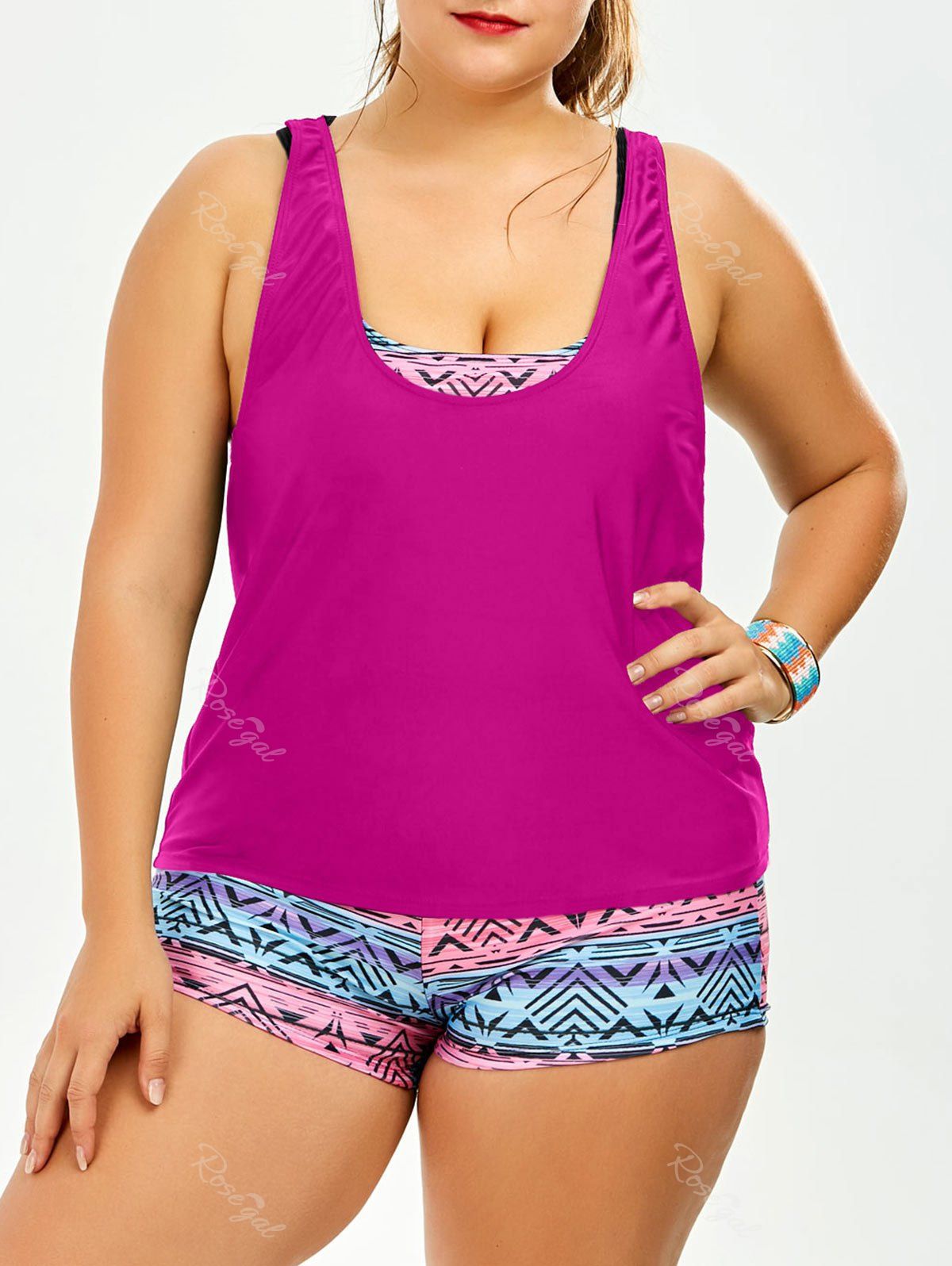 

Plus Size Print Strappy Padded Bathing Suit, Rose madder